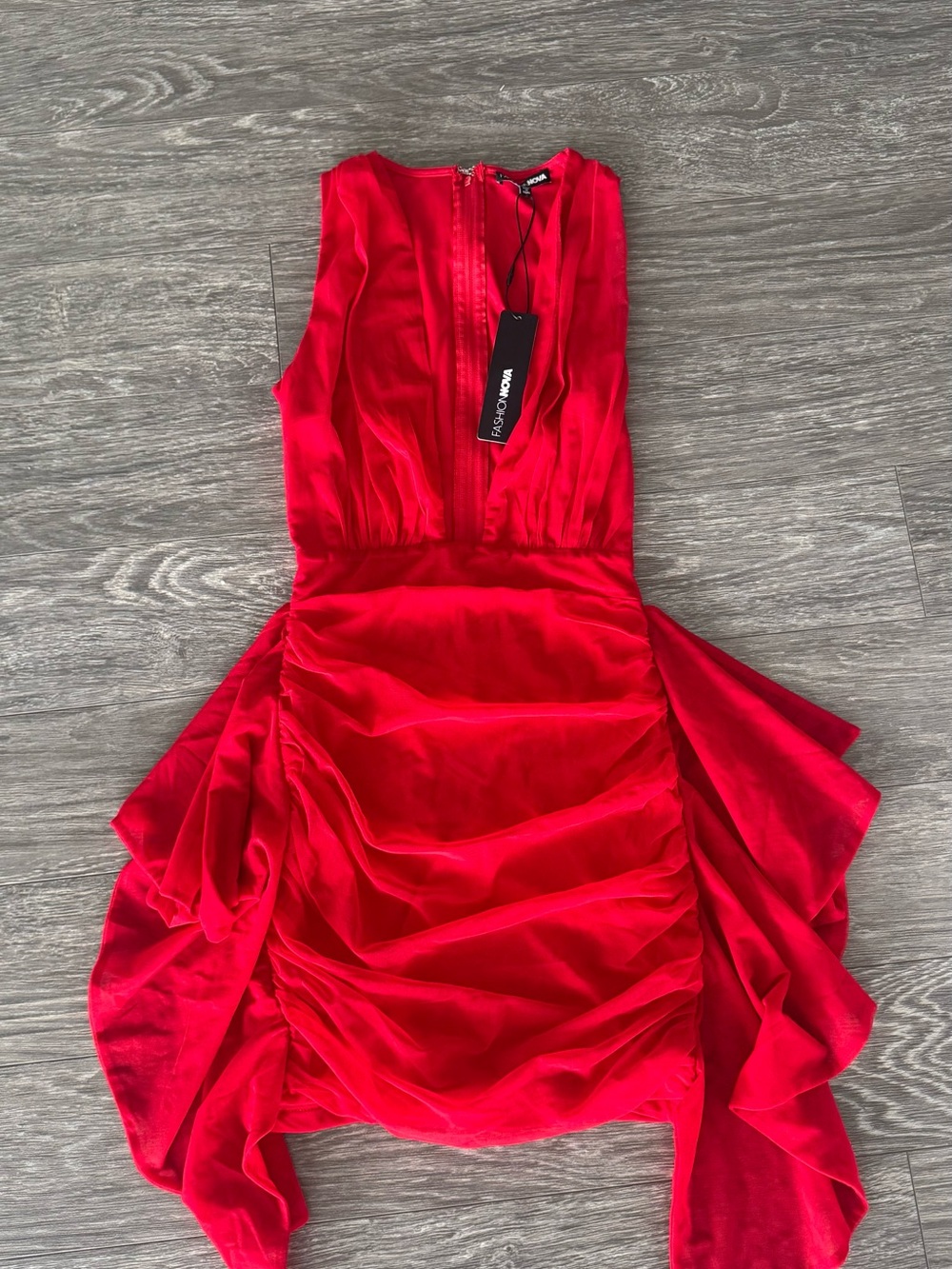 Fashion Nova Red Satin Ruched Prom Dress